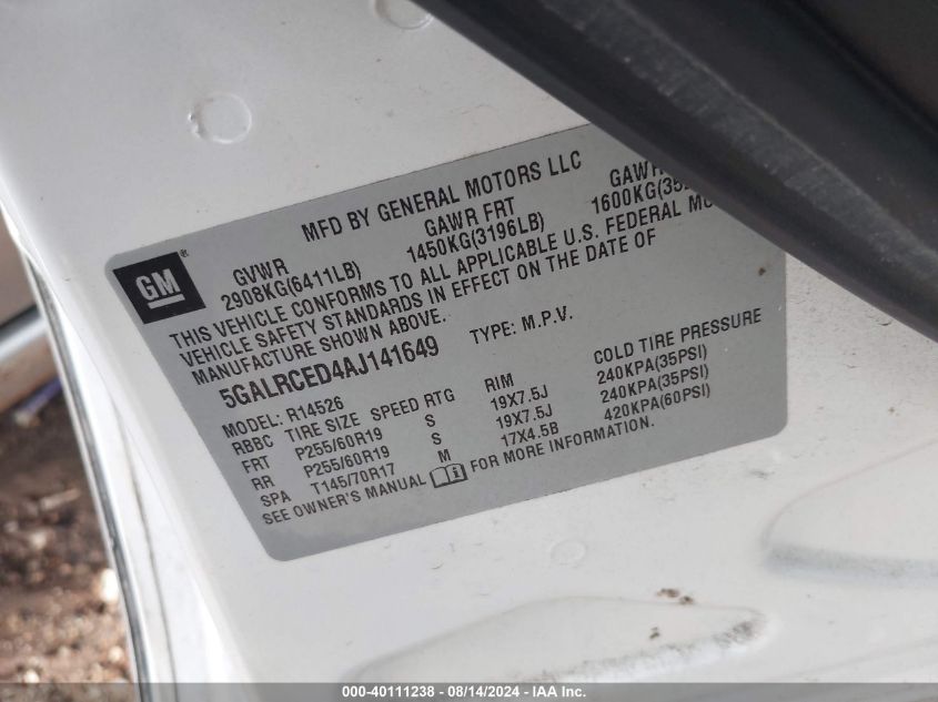 2010 Buick Enclave 2Xl VIN: 5GALRCED4AJ141649 Lot: 40111238