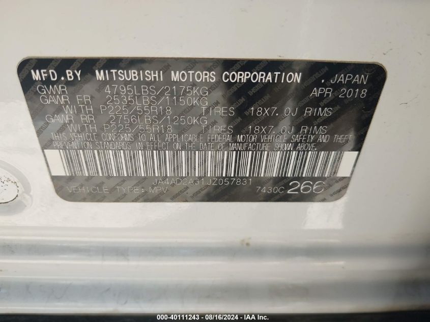 2018 Mitsubishi Outlander Es VIN: JA4AD2A31JZ057831 Lot: 40111243