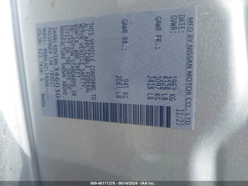 1N4BL4DV1RN346030 2024 Nissan Altima Sv Fwd