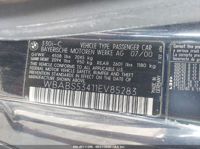 2001 BMW 330 Ci VIN: WBABS53411EV85283 Lot: 40111286