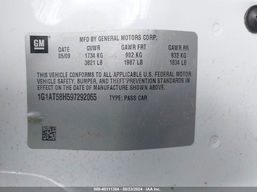 2009 Chevrolet Cobalt Lt VIN: 1G1AT58H597292065 Lot: 40111304