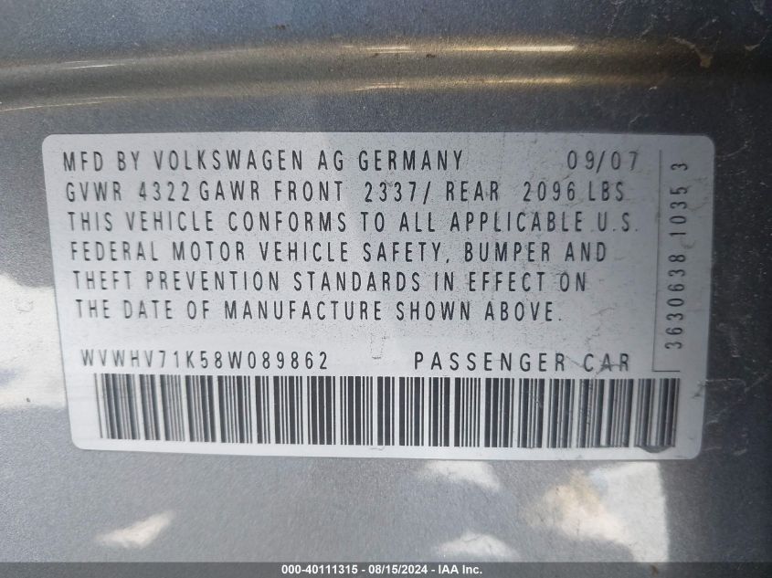 2008 Volkswagen Gti 4-Door VIN: WVWHV71K58W089862 Lot: 40111315