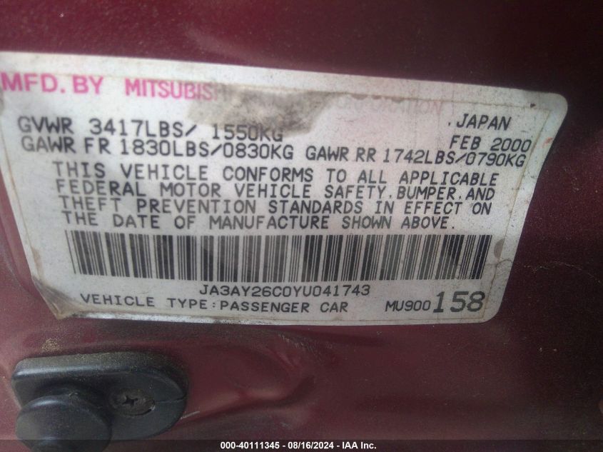 JA3AY26C0YU041743 2000 Mitsubishi Mirage De