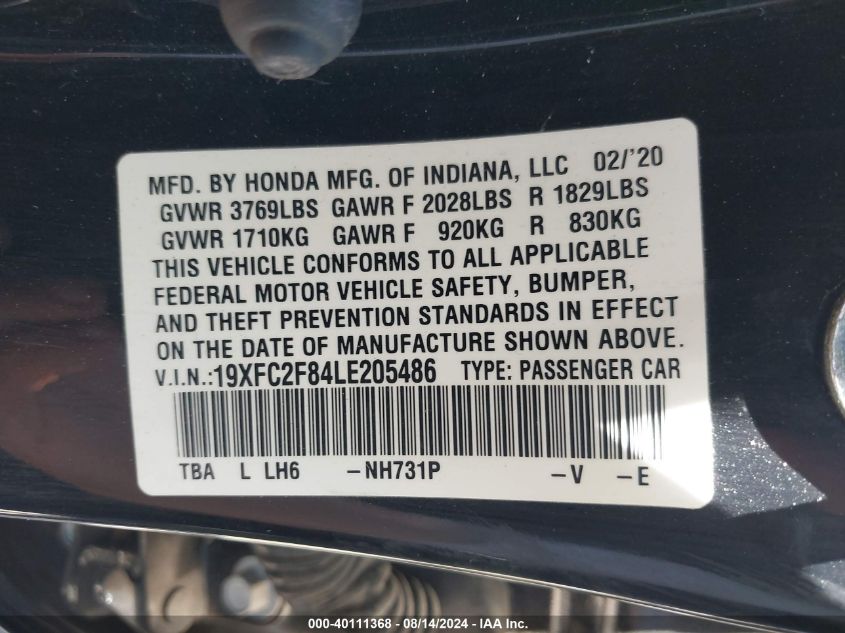 2020 Honda Civic Sport VIN: 19XFC2F84LE205486 Lot: 40111368