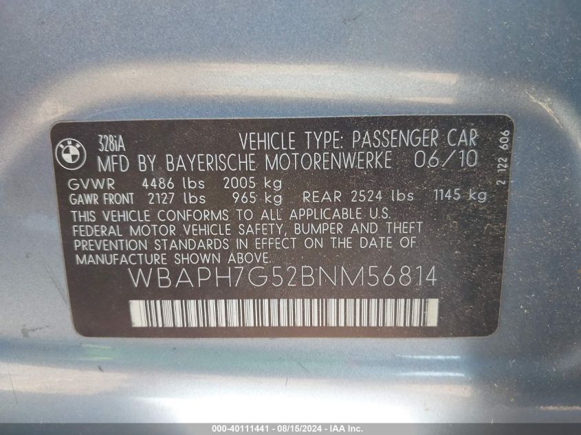 2011 BMW 328 I VIN: WBAPH7G52BNM56814 Lot: 40111441