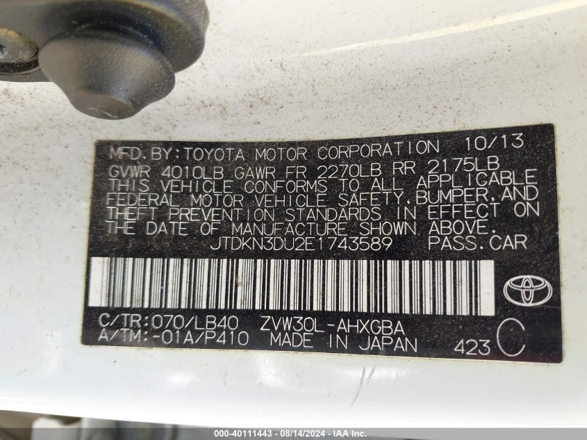 2014 Toyota Prius Four VIN: JTDKN3DU2E1743589 Lot: 40111443