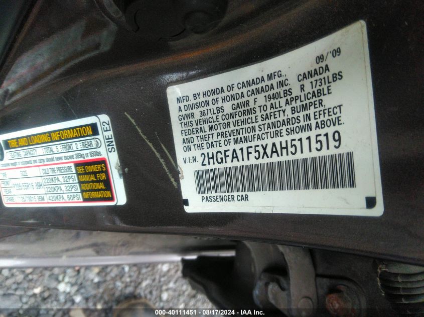 2010 Honda Civic Lx VIN: 2HGFA1F5XAH511519 Lot: 40111451