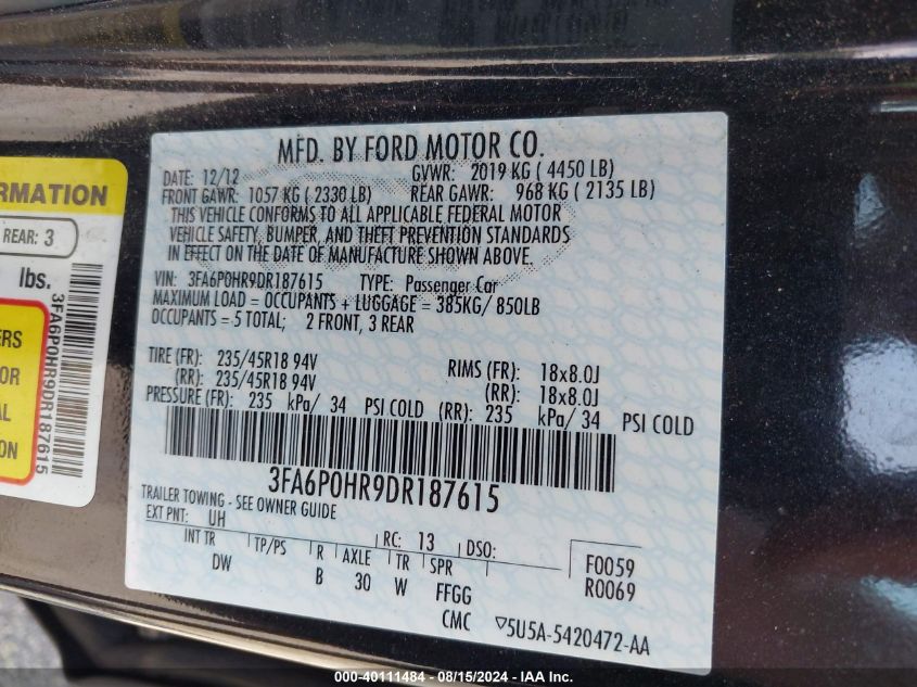 2013 Ford Fusion Se VIN: 3FA6P0HR9DR187615 Lot: 40111484