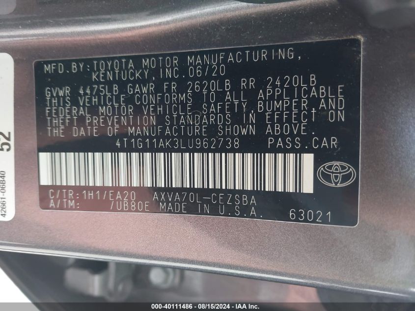 4T1G11AK3LU962738 2020 Toyota Camry Se