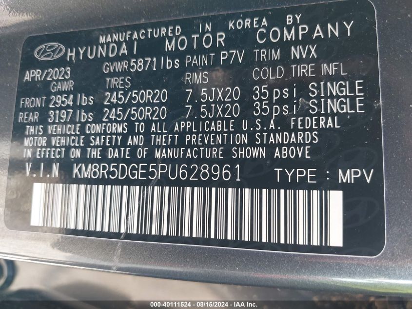 2023 Hyundai Palisade Limited VIN: KM8R5DGE5PU628961 Lot: 40111524