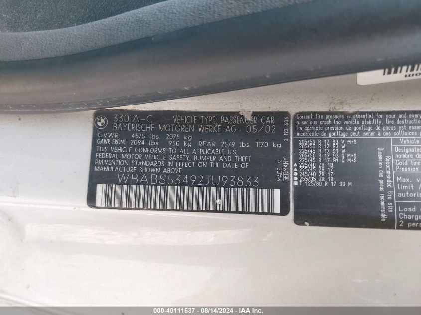 2002 BMW 330Ci VIN: WBABS53492JU93833 Lot: 40111537