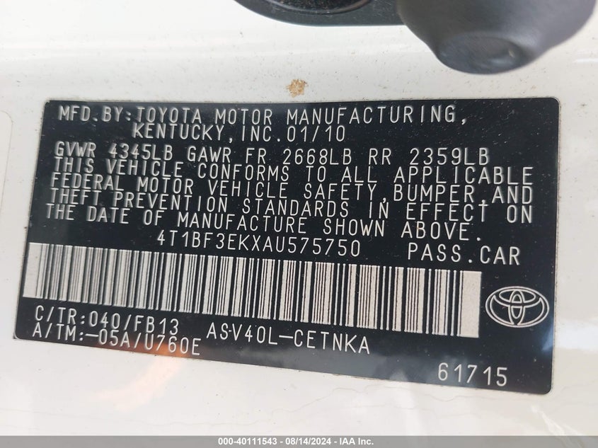 2010 Toyota Camry Le VIN: 4T1BF3EKXAU575750 Lot: 40111543