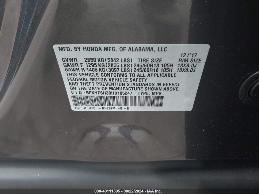 2017 HONDA PILOT EX - 5FNYF6H39HB105247