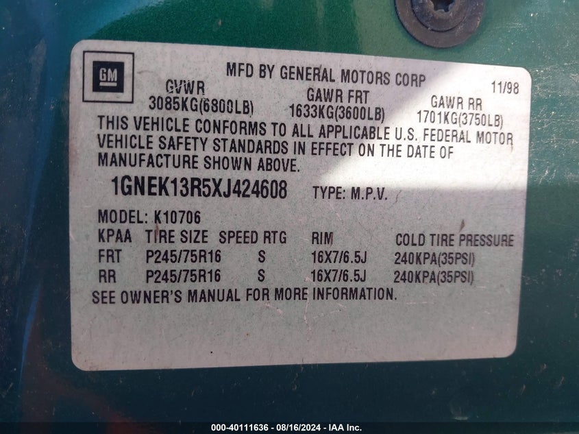 1999 Chevrolet Tahoe Lt VIN: 1GNEK13R5XJ424608 Lot: 40111636