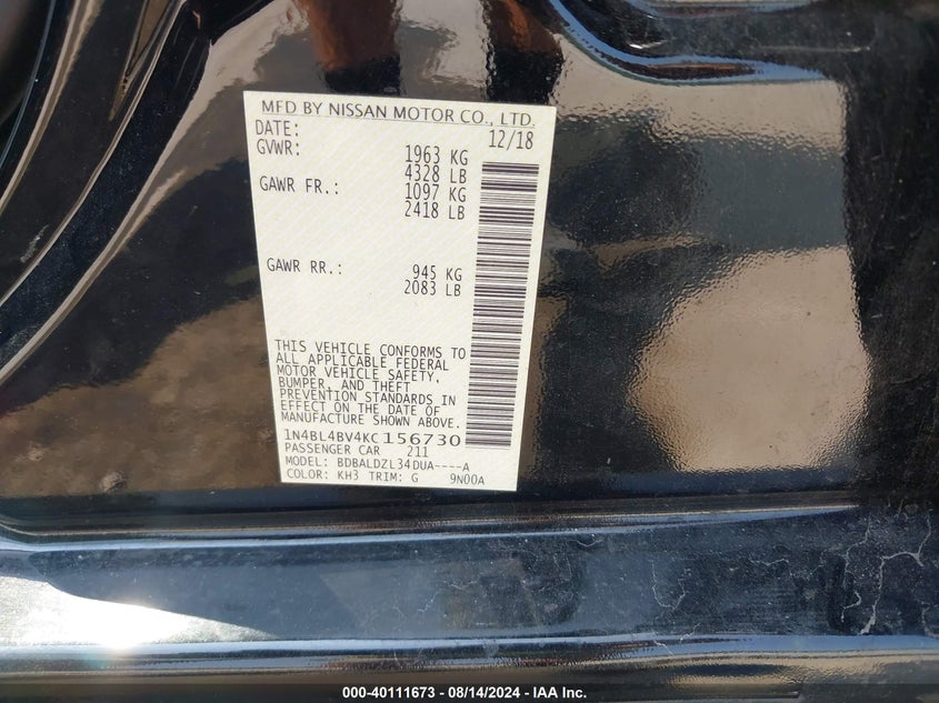 1N4BL4BV4KC156730 2019 Nissan Altima 2.5 S