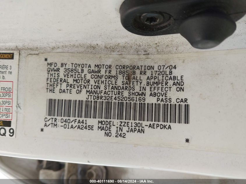 2005 Toyota Corolla Ce VIN: JTDBR32E452056169 Lot: 40111690