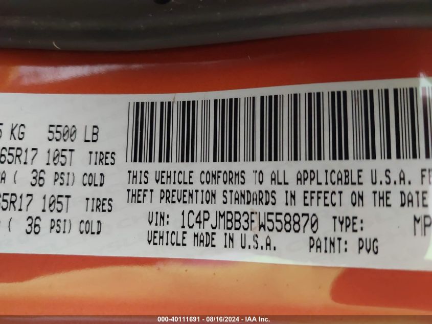 2015 Jeep Cherokee Trailhawk VIN: 1C4PJMBB3FW558870 Lot: 40111691