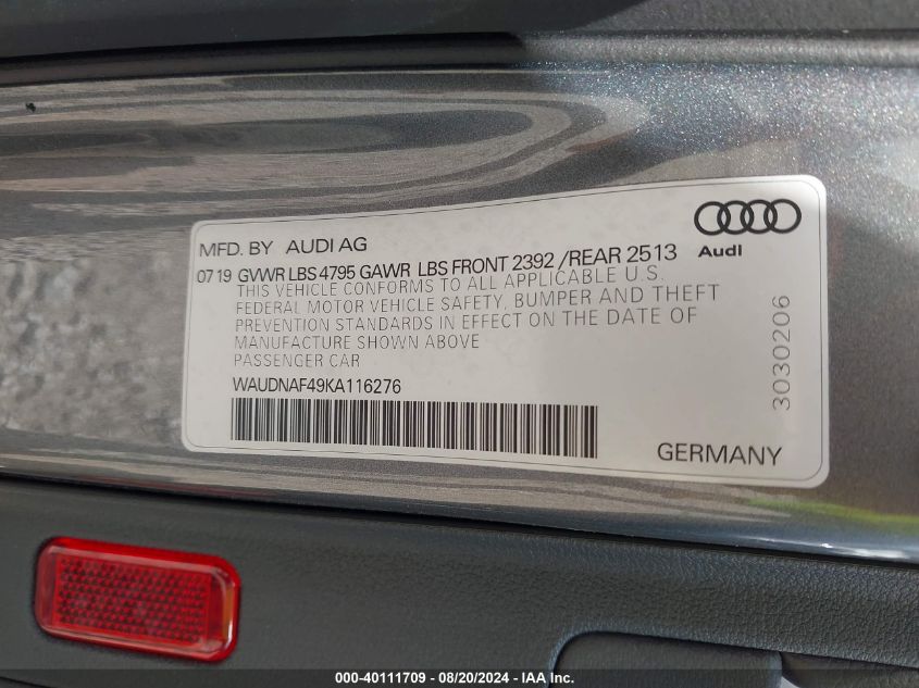 WAUDNAF49KA116276 2019 Audi A4 45 Premium