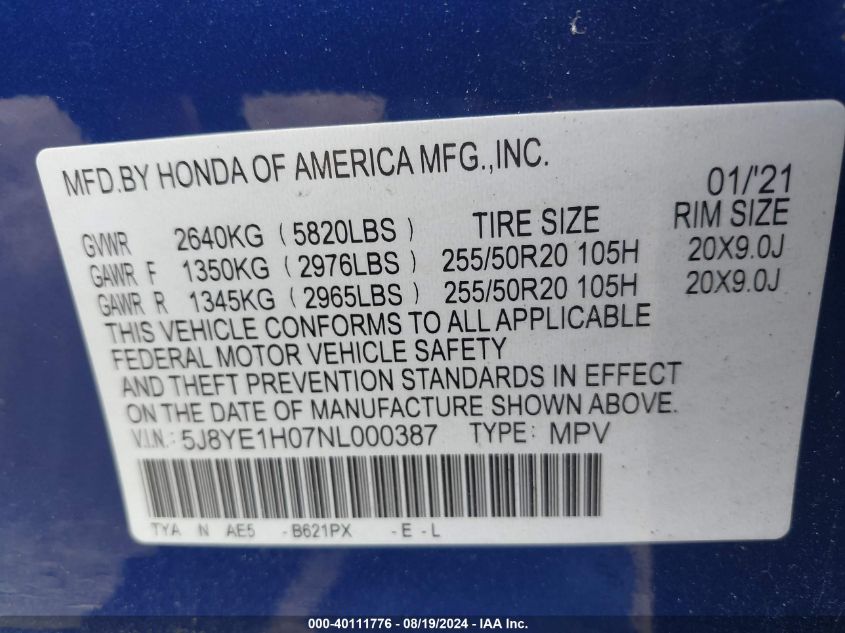 5J8YE1H07NL000387 2022 Acura Mdx A-Spec Package