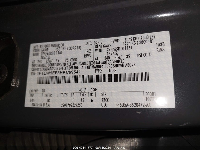 VIN 1FTEW1EF3HKC99541 2017 FORD F-150 XLT