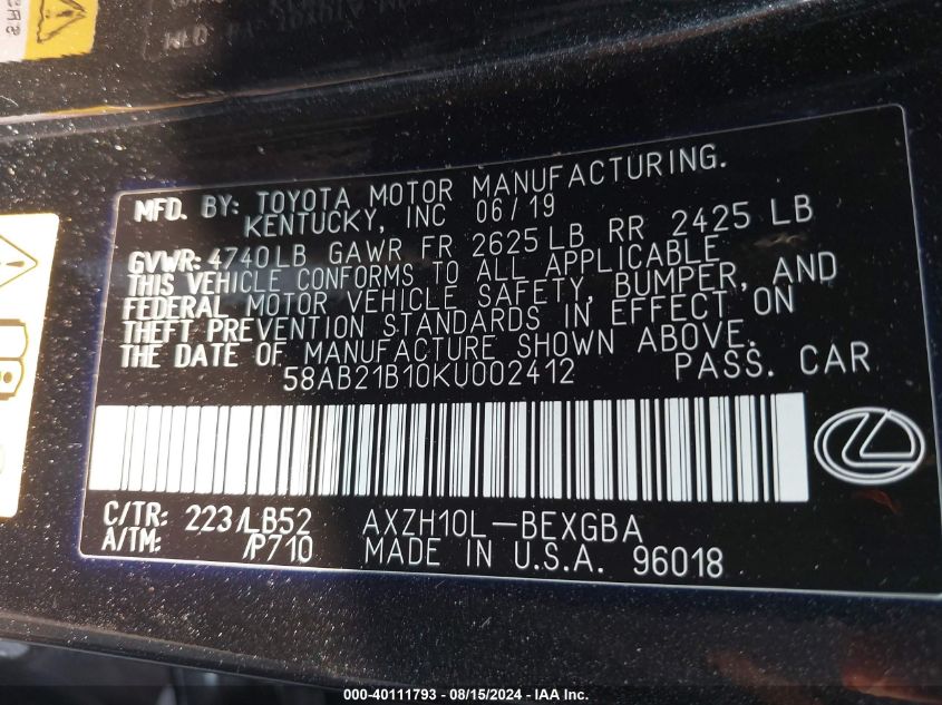 2019 Lexus Es 300H Luxury VIN: 58AB21B10KU002412 Lot: 40111793