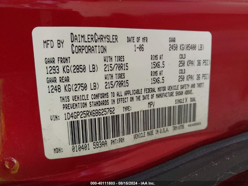 2006 Dodge Caravan Se VIN: 1D4GP25RX6B625762 Lot: 40111803