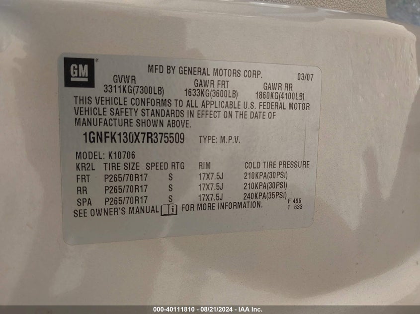 2007 Chevrolet Tahoe Lt VIN: 1GNFK130X7R375509 Lot: 40111810