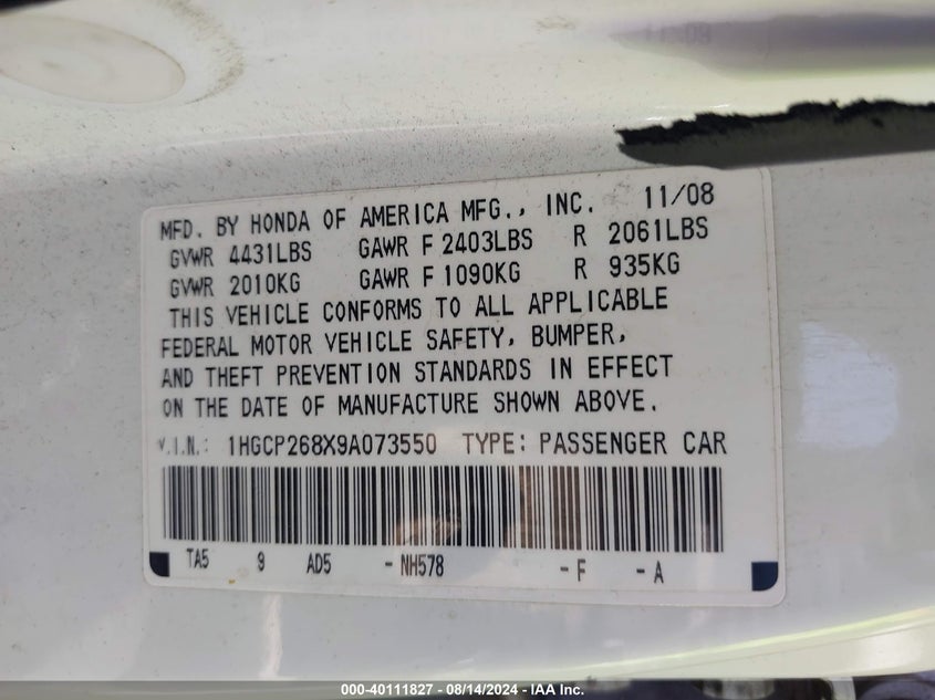 2009 Honda Accord 2.4 Ex-L VIN: 1HGCP268X9A073550 Lot: 40111827