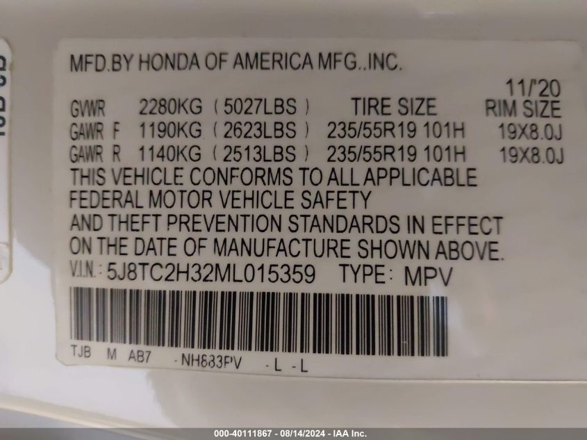 2021 Acura Rdx Standard VIN: 5J8TC2H32ML015359 Lot: 40111867
