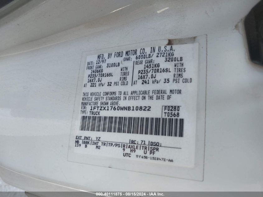 1998 Ford F150 VIN: 1FTZX1760WNB10822 Lot: 40111875