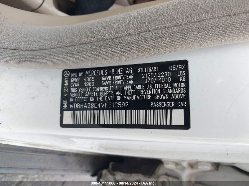 1997 Mercedes-Benz C 280 VIN: WDBHA28E4VF613592 Lot: 40111886