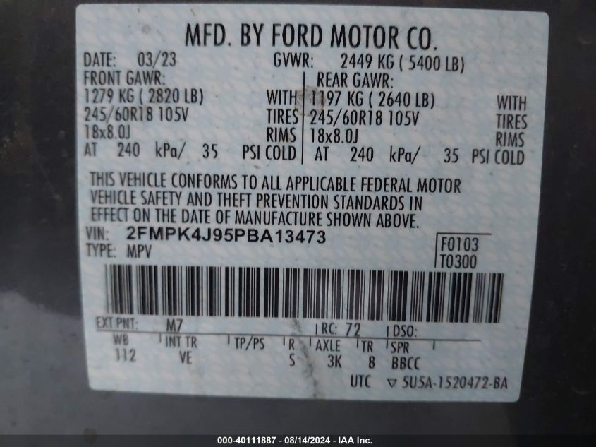 2023 Ford Edge Sel VIN: 2FMPK4J95PBA13473 Lot: 40111887