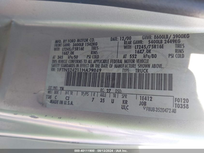 2001 Ford E-250 Commercial/Recreational VIN: 1FTNS24211HA79849 Lot: 40111900