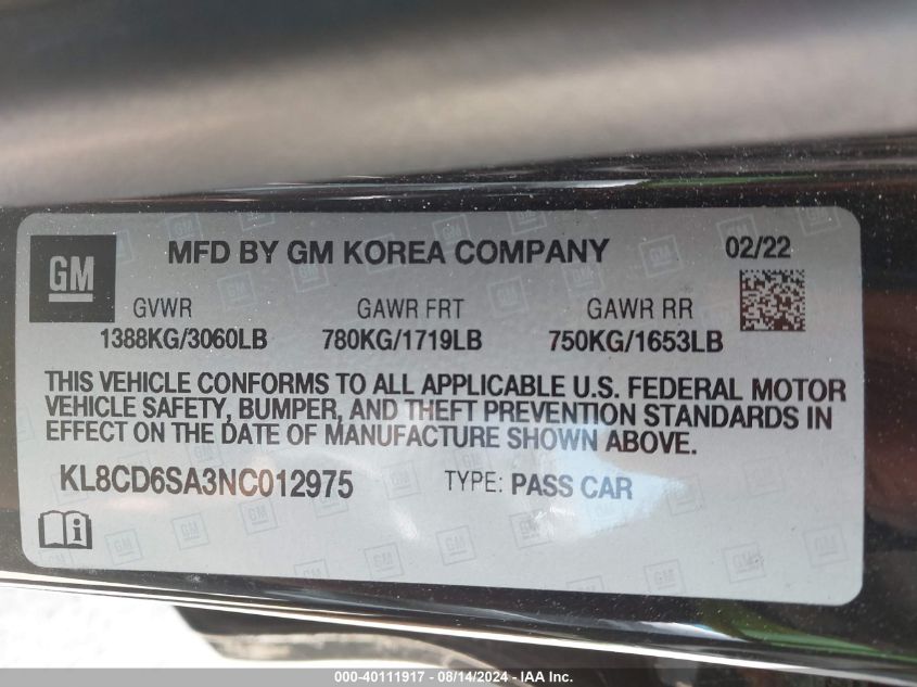 2022 Chevrolet Spark Fwd 1Lt Automatic VIN: KL8CD6SA3NC012975 Lot: 40111917