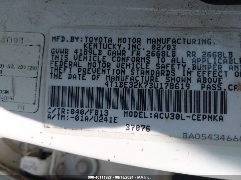 4T1BE32K73U178619 2003 Toyota Camry Le