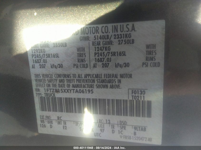 2000 Ford Ranger Xlt VIN: 1FTZR15XXYTA06195 Lot: 40111948