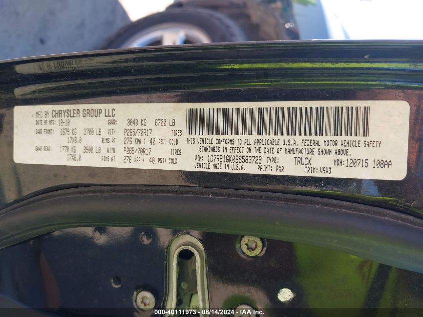 2011 Dodge Ram 1500 VIN: 1D7RB1GK0BS583729 Lot: 40111973