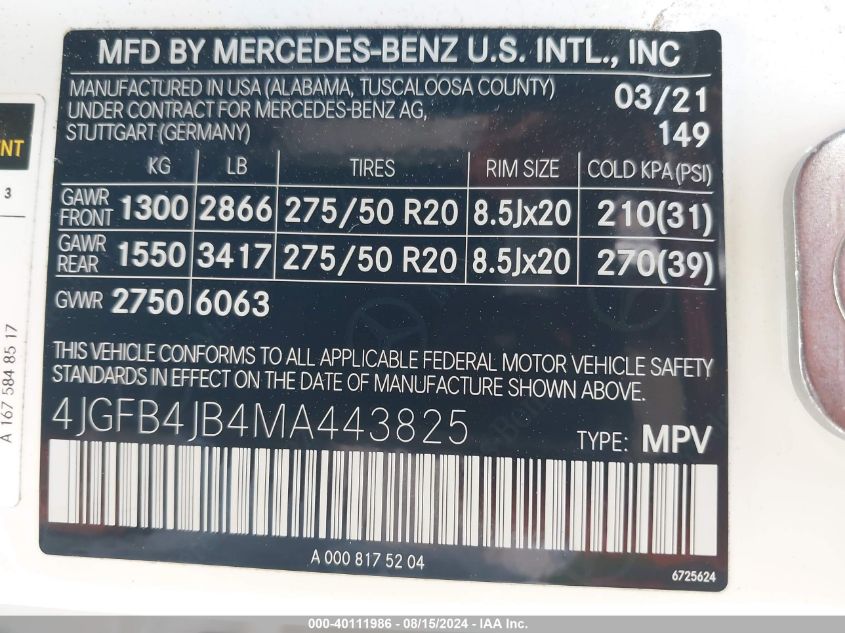 2021 Mercedes-Benz Gle 350 VIN: 4JGFB4JB4MA443825 Lot: 40111986