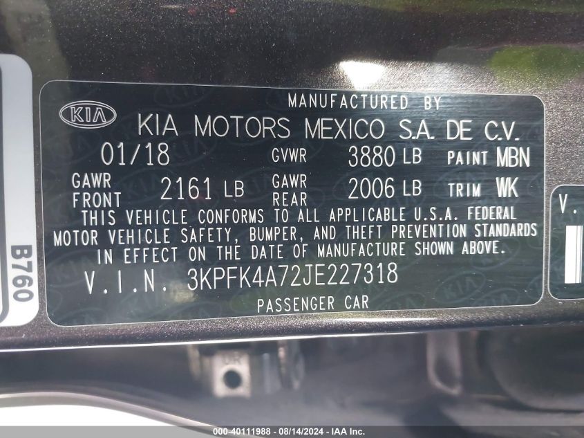 2018 Kia Forte Lx VIN: 3KPFK4A72JE227318 Lot: 40111988