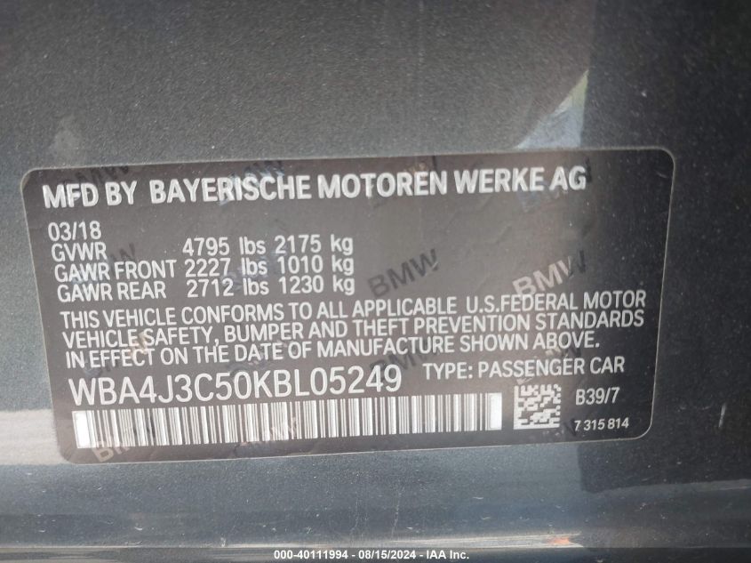 WBA4J3C50KBL05249 2019 BMW 4 Series 430I xDrive