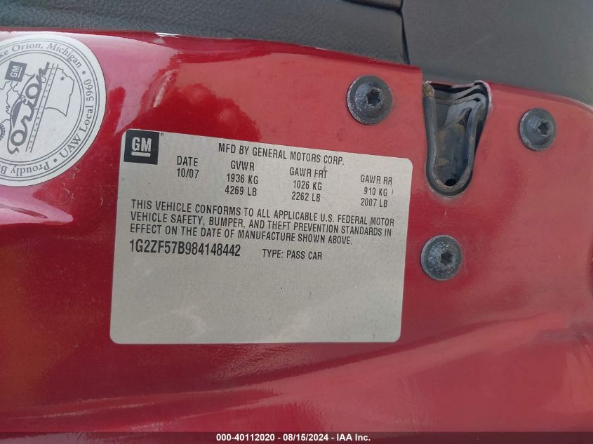 2008 Pontiac G6 Value Leader VIN: 1G2ZF57B984148442 Lot: 40112020