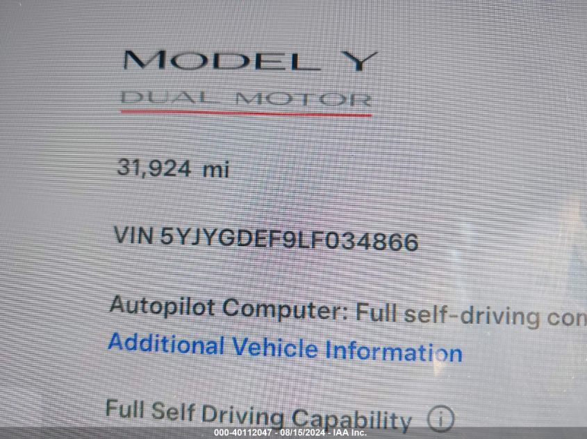 2020 Tesla Model Y Long Range Dual Motor All-Wheel Drive/Performance Dual Motor All-Wheel Drive VIN: 5YJYGDEF9LF034866 Lot: 40112047