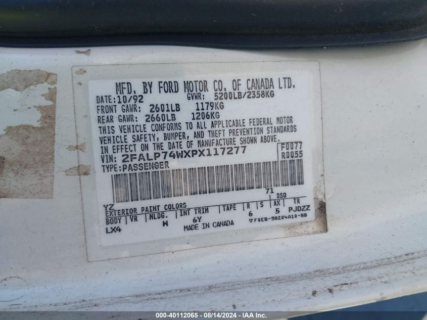 1993 Ford Crown Victoria Lx VIN: 2FALP74WXPX117277 Lot: 40112065