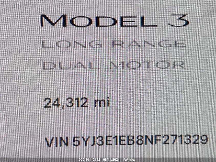 2022 Tesla Model 3 Long Range Dual Motor All-Wheel Drive VIN: 5YJ3E1EB8NF271329 Lot: 40112142