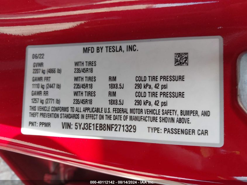 2022 Tesla Model 3 Long Range Dual Motor All-Wheel Drive VIN: 5YJ3E1EB8NF271329 Lot: 40112142