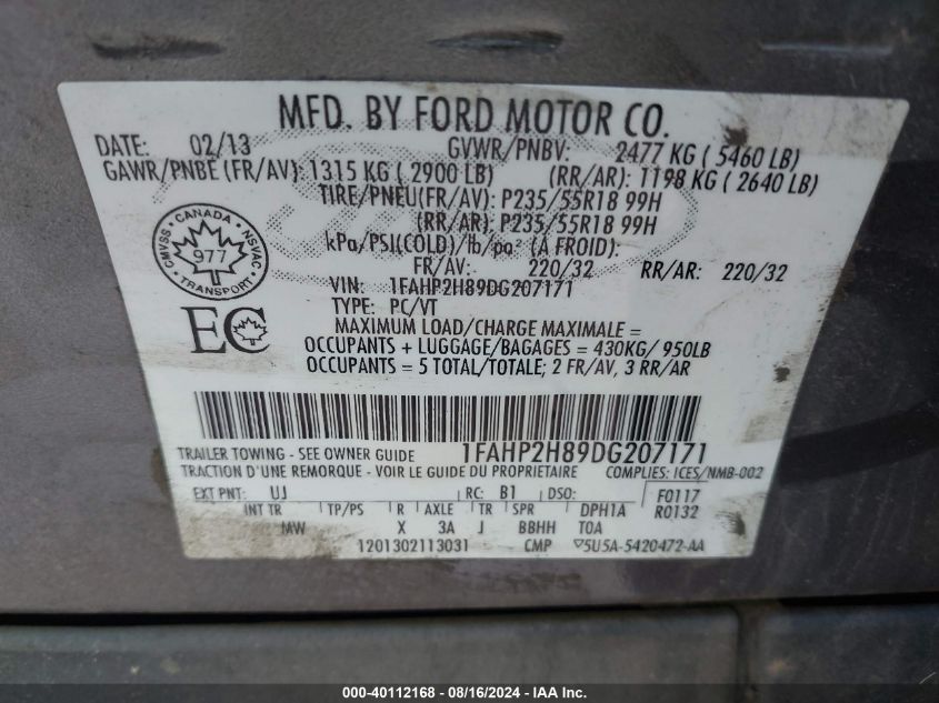 2013 Ford Taurus Sel VIN: 1FAHP2H89DG207171 Lot: 40112168