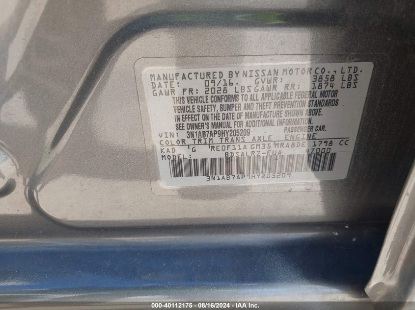 2017 Nissan Sentra Sr VIN: 3N1AB7AP9HY205209 Lot: 40112175