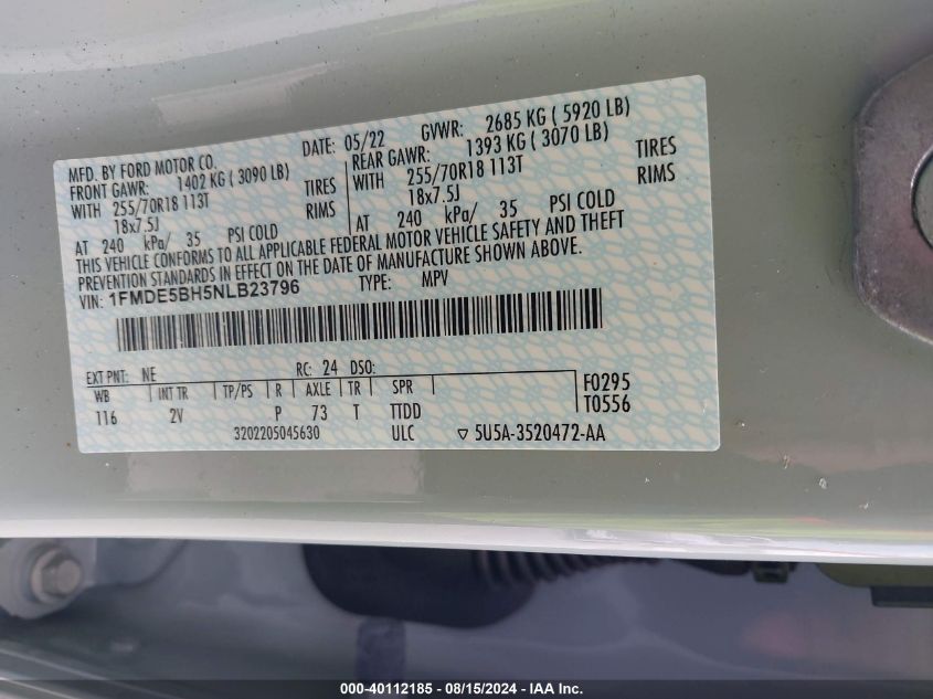 2022 Ford Bronco Big Bend/Black Diamond/Outer Banks VIN: 1FMDE5BH5NLB23796 Lot: 40112185