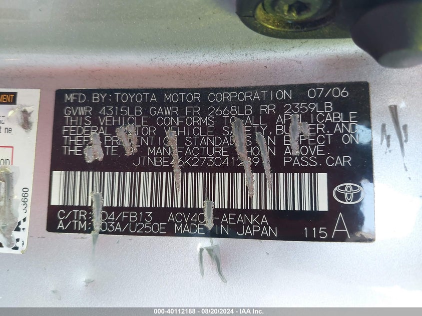 2007 Toyota Camry Le VIN: JTNBE46K273041289 Lot: 40112188