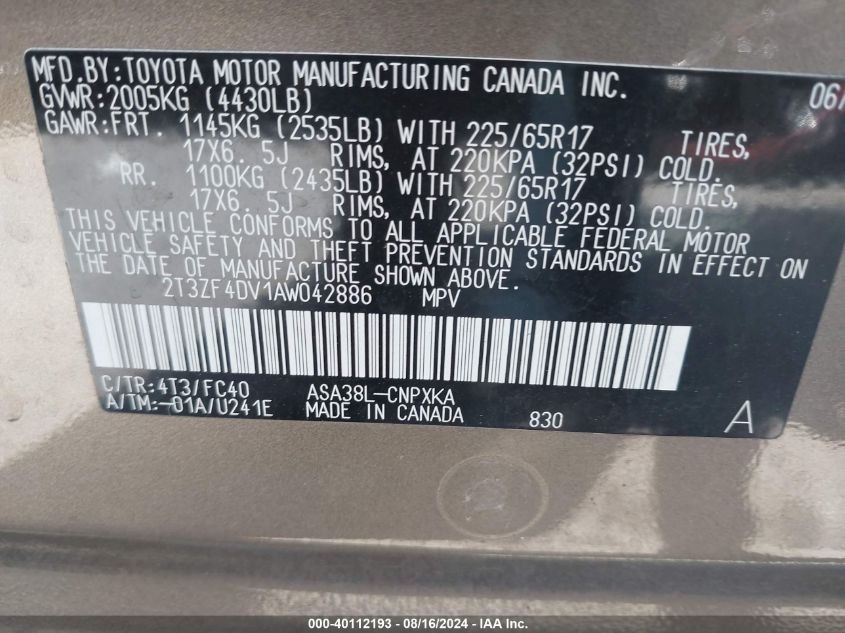 2010 Toyota Rav4 VIN: 2T3ZF4DV1AW042886 Lot: 40112193